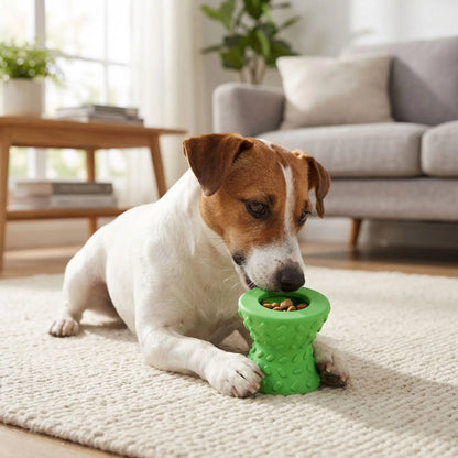 Jouet-pour-chien-destructeur-d-occupation, distributeur de croquette pour chiot et chien indestructible, jeu éducatif et d'intelligence, anti-anxiété de séparation-extérieur avec forme 3D pour un massage doux des gencives et nettoyage du tarte comme une brosse naturelle, jouet dentaire- un petit chien de race active couché avec le jouet rempli de friandises caché entre ses pattes qui sent et cherche à les débusquer
