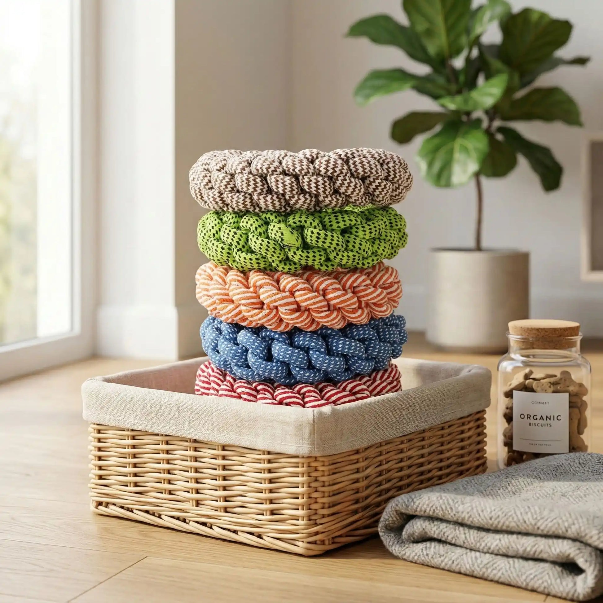 Jouet-pour-chien-destructeur-lot de 3 anneaux en corde de plusieurs couleurs tressée, 100% coton, matériau naturel et sans danger, indestuctible pour chien de taille moyenne à grande taille, brossage naturel des dents par l'action de mastication, masse les gencive, hygiène bucco dentaire ludique en jouant, possibilité de jeu de tir à la corde-photo des anneaux en corde pour chien en plusieurs coloris vendus par lot de 3