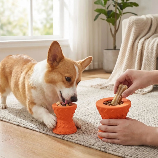 Jouet-pour-chien-destructeur-d-occupation, distributeur de croquette pour chiot et chien indestructible, jeu éducatif et d'intelligence, anti-anxiété de séparation-extérieur avec forme 3D pour un massage doux des gencives et nettoyage du tarte comme une brosse naturelle, jouet dentaire- un chien de race active qui lèche en tenant le jouet rempli de friandises cachées entre ses pattes donné par sa maitresse qui part au travail pour un rituel de séparation sans stress, ni anxiété
