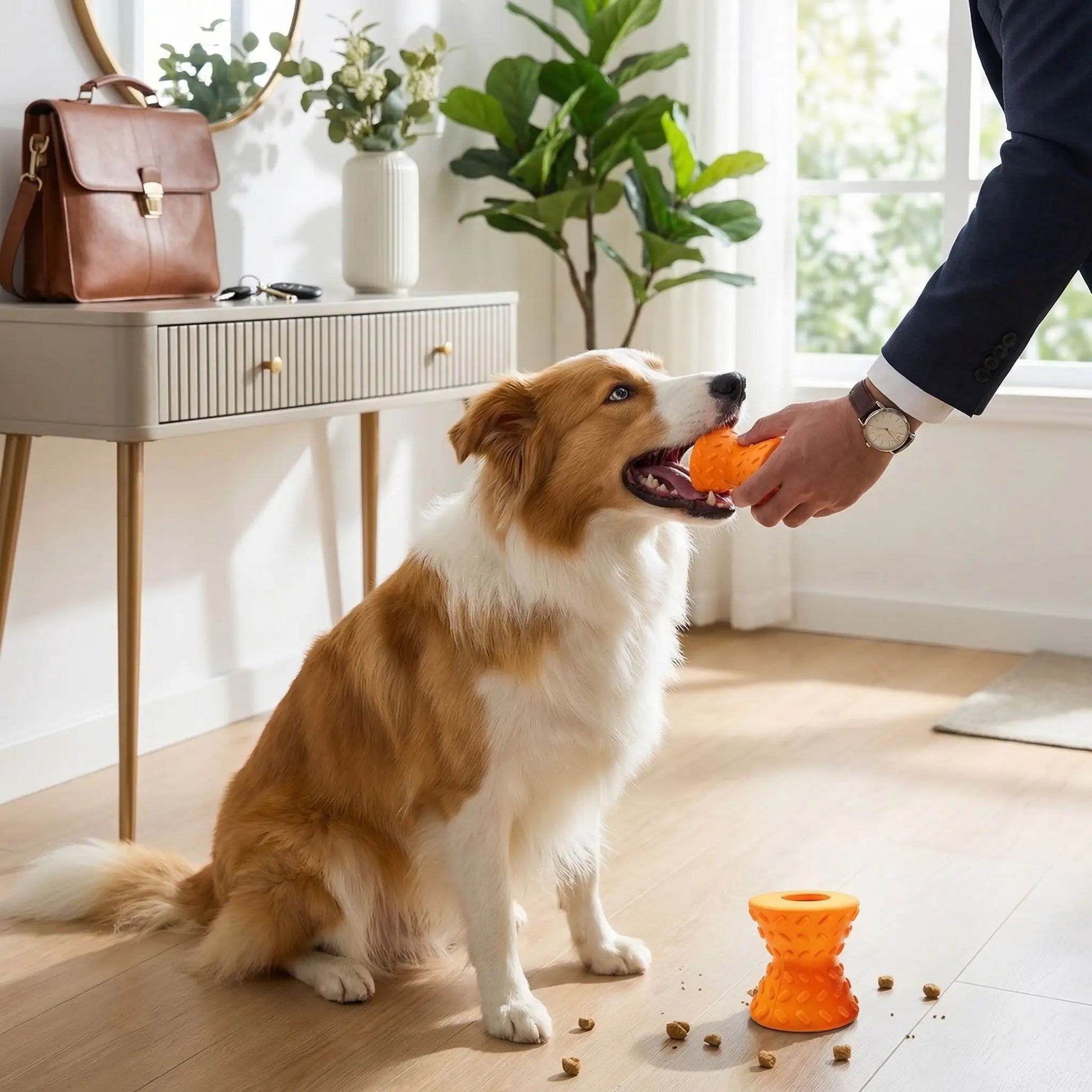 Jouet-pour-chien-destructeur-d-occupation, distributeur de croquette pour chiot et chien indestructible, jeu éducatif et d'intelligence, anti-anxiété de séparation-extérieur avec forme 3D pour un massage doux des gencives et nettoyage du tarte comme une brosse naturelle, jouet dentaire- un chien de race active et intelligence qui attend assis pour attraper  le jouet rempli de friandises cachées donner par son maître qui part au travail