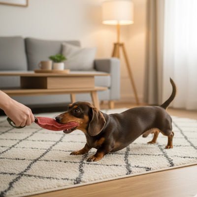 Jouet-pour-chien-indestructible-avec-sangles, en cuir et coton doux, rembourrage coton, pour jeu interactif, éducatif du tug, remorquage ou tir à la corde, jouet durable et écoresponsable, disponible en 3 tailles S, M et L pour chiot et petit à grand chien- un petit chien qui tire en mordant dans le jouet doux et solide avec son maitresse qui tient fermement le jouet par la sangle en toute sécurité pour des jeux interactifs dans le salon de la maison