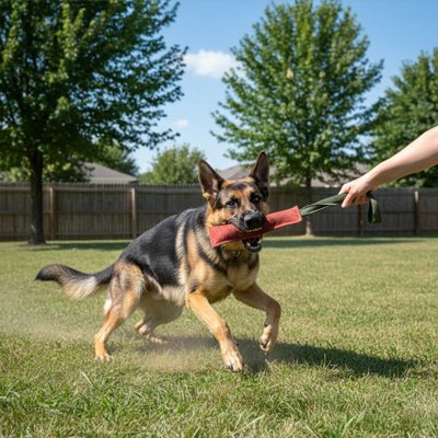 Jouet-pour-chien-indestructible-avec-sangles, en cuir et coton doux, rembourrage coton, pour jeu interactif, éducatif du tug, remorquage ou tir à la corde, jouet durable et écoresponsable, disponible en 3 tailles S, M et L pour chiot et petit à grand chien- un berger allemand puissant qui tire en mordant fort dans le jouet doux et solide avec son maitre qui tient fermement le jouet par la sangle en toute sécurité pour des jeux interactifs en promenade au parc