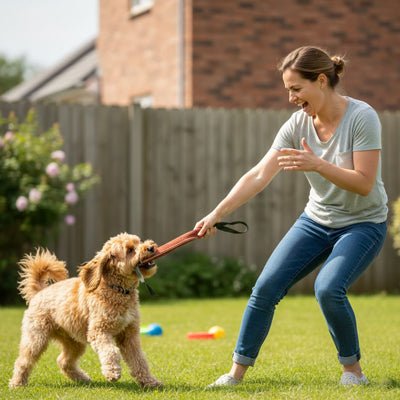 Jouet-pour-chien-indestructible-avec-sangles, en cuir et coton doux, rembourrage coton, pour jeu interactif, éducatif du tug, remorquage ou tir à la corde, jouet durable et écoresponsable, disponible en 3 tailles S, M et L pour chiot et petit à grand chien- un caniche qui tire en mordant dans le jouet doux et solide avec sa maitresse qui tient fermement le jouet par la sangle en toute sécurité pour des jeux interactifs dans le jardin de la maison