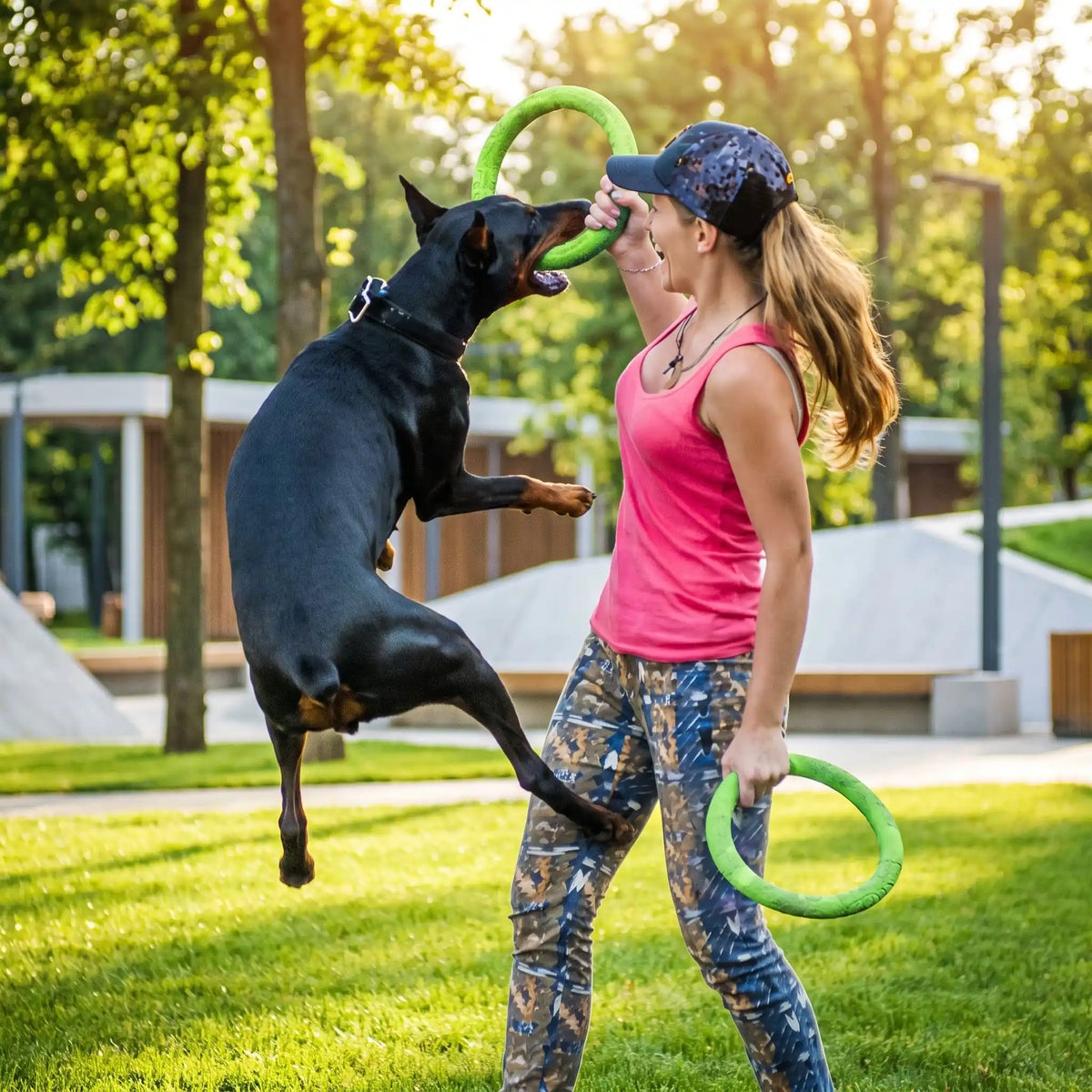 Jouet-pour-chien-interactif en forme d'anneau, en mousse EVA résistante et sans danger, flottant, imperméable, rebondissant, idéal pour les jeu de tug ou tire-tire,jouet d'entrainement et de fitness pour chiot et chien de toutes races disponible en 3 coloris et deux diamètres pour petit, moyen et grand chien-une éducatrice canine qui entraine son grand chien au saut avec les anneaux en les tenant à differentes hauteurs pour dépenser son chien et le divertir de manière ludique qui participe à son bien-être 