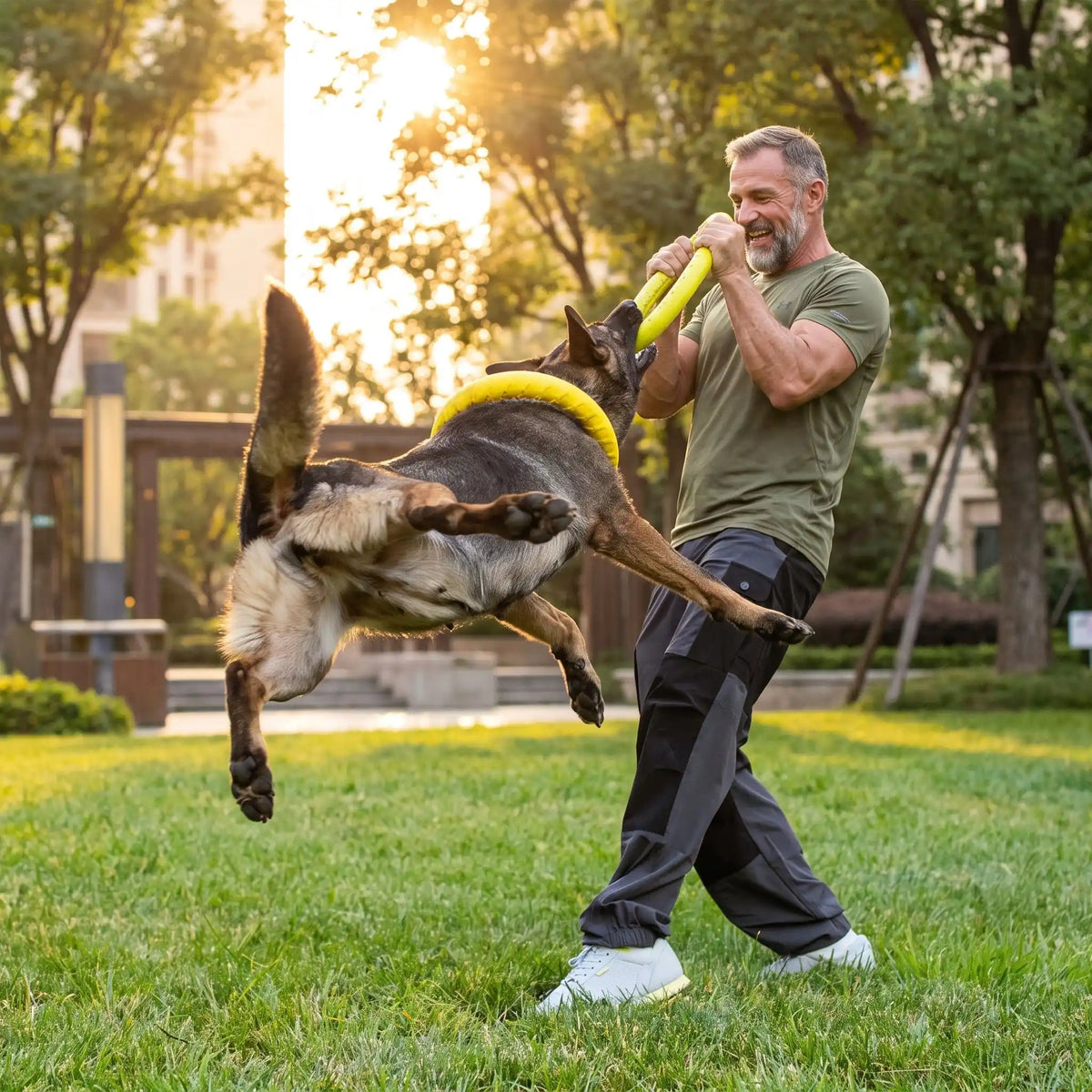 Jouet-pour-chien-interactif en forme d'anneau, en mousse EVA résistante et sans danger, flottant, imperméable, rebondissant, idéal pour les jeu de tug ou tire-tire,jouet d'entrainement et de fitness pour chiot et chien de toutes races disponible en 3 coloris et deux diamètres pour petit, moyen et grand chien-un maitre musclé qui tient l'anneau avec ses 2 mains en hauteur pendant que son chien s'élance pour l'attraper dans ses machoîres pour un entrainement canin sportif qui renforce les liens maitre-chien