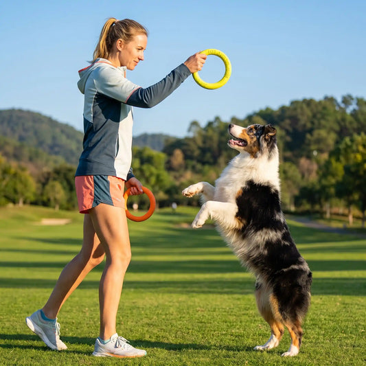 Jouet-pour-chien-interactif en forme d'anneau, en mousse EVA résistante et sans danger, flottant, imperméable, rebondissant, idéal pour les jeu de tug ou tire-tire,jouet d'entrainement et de fitness pour chiot et chien de toutes races disponible en 3 coloris et deux diamètres pour petit, moyen et grand chien-un chien moyen debout sur ses 2 pattes arrières près à bondir dès que sa maitresse lançera l'ordre et l'anneau pour un jeu éducatif et de dressage adapté