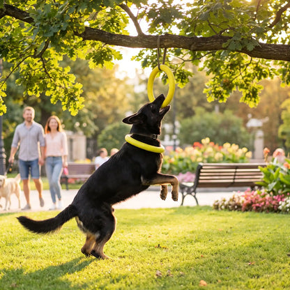 Jouet-pour-chien-interactif en forme d'anneau, en mousse EVA résistante et sans danger, flottant, imperméable, rebondissant, idéal pour les jeu de tug ou tire-tire,jouet d'entrainement et de fitness pour chiot et chien de toutes races disponible en 3 coloris et deux diamètres pour petit, moyen et grand chien-un chien de grande taille qui tire avec sa machoîre sur l'anneau doux, souple et solide de 28 cm de diamètre de couleur jaune attacher à la branche d'un arbre pour travailler sa musculature
