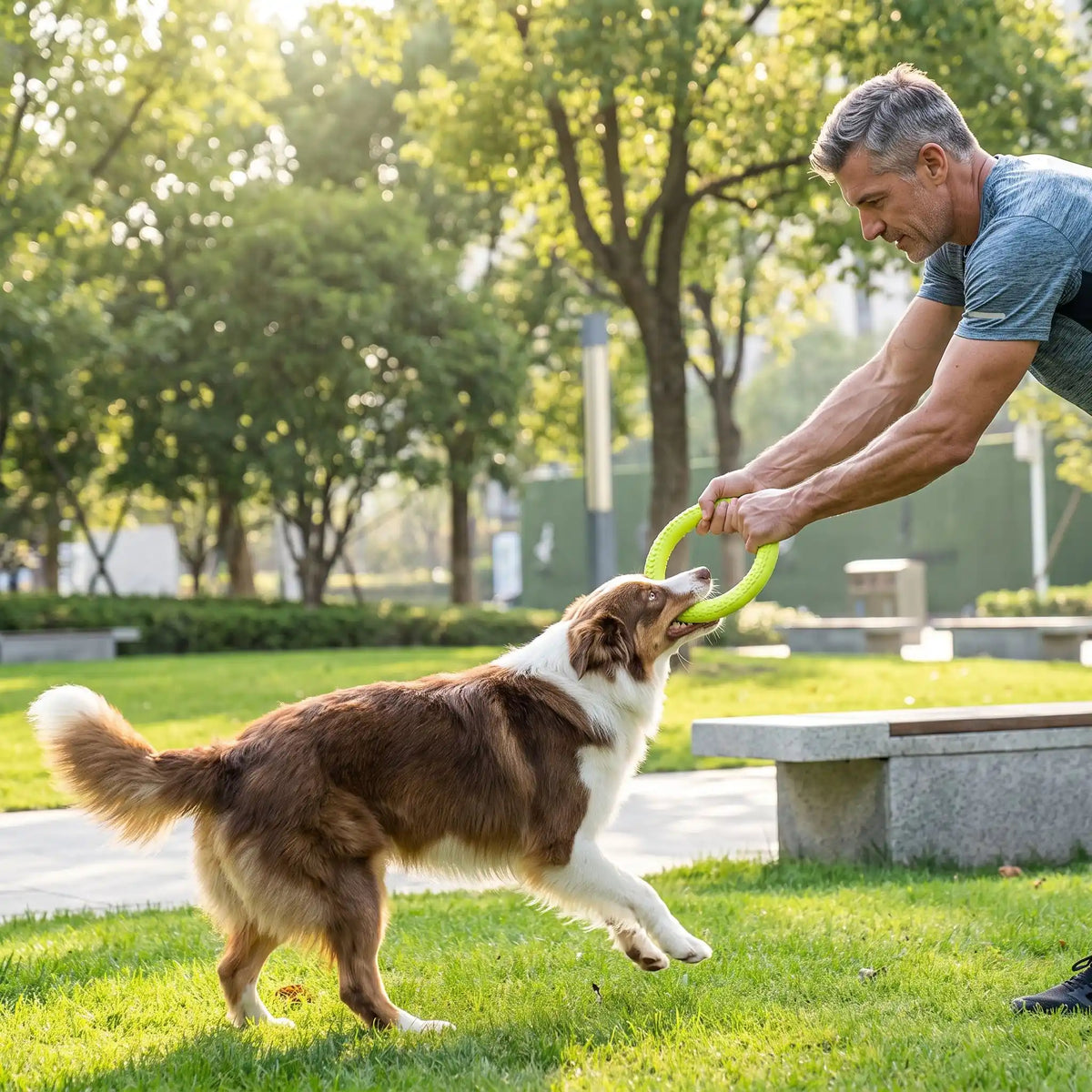 Jouet-pour-chien-interactif en forme d'anneau, en mousse EVA résistante et sans danger, flottant, imperméable, rebondissant, idéal pour les jeu de tug ou tire-tire,jouet d'entrainement et de fitness pour chiot et chien de toutes races disponible en 3 coloris et deux diamètres pour petit, moyen et grand chien-un maitre qui tient l'anneau doux , souple et solide pendant que son grand chien le tire dans l'autre sens, mobilisant son cou, ses muscles et sa machoîre, une séance complice et sportive dans le parc  