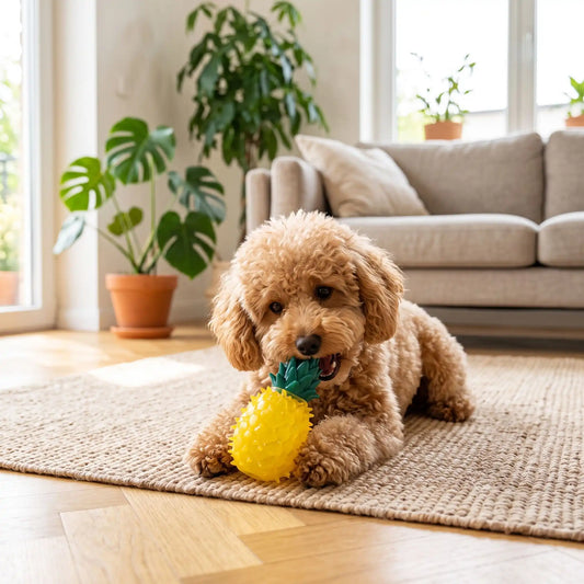Jouet-rafraichissant-chien-chiot-glace-à-mordre et à remplir d'eau pour le mettre au congélateur, réutilisable, lavable en plastique robuste sans BPA, ni produits toxique, de qualité alimentaire, avec picots idéal pour masser les gencives et pour soulager les poussées dentaires du chiot avec l'effet froid anesthésiant qui masse les gencives, disponible en 3 formes de fruit part de pastèque, ananas et tranche de citron vert-un petit chien qui se rafaichit en mordant et léchant le jouet ananas glacé en été