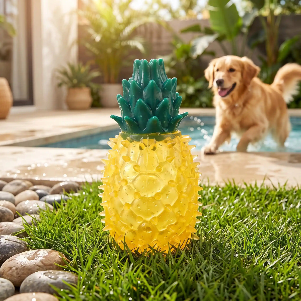 Jouet-rafraichissant-chien-chiot-glace-à-mordre et à remplir d'eau pour le mettre au congélateur, réutilisable, lavable en plastique robuste sans BPA, ni produits toxique, de qualité alimentaire, avec picots idéal pour masser les gencives et pour soulager les poussées dentaires du chiot avec l'effet froid anesthésiant qui masse les gencives, disponible en 3 formes de fruit part de pastèque, ananas et tranche de citron vert-gros plan que le jouet rafraichissant en forme d'ananas rempli d'eau glacée