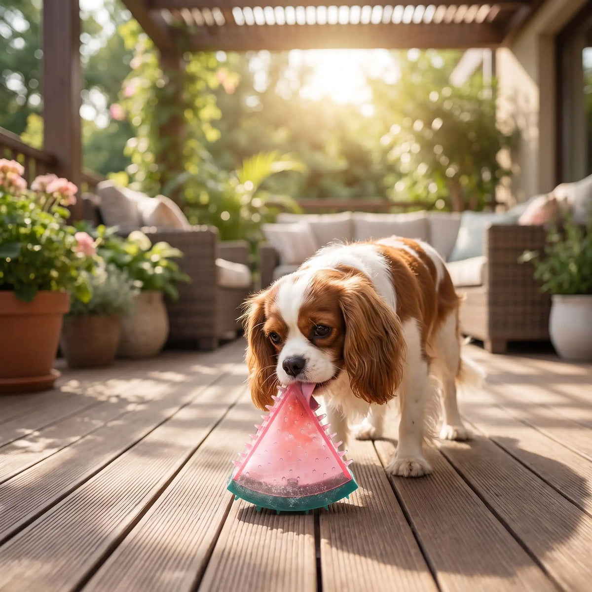 Jouet-rafraichissant-chien-chiot-glace-à-mordre et à remplir d'eau pour le mettre au congélateur, réutilisable, lavable en plastique robuste sans BPA, ni produits toxique, de qualité alimentaire, avec picots idéal pour masser les gencives et pour soulager les poussées dentaires du chiot avec l'effet froid anesthésiant qui masse les gencives, disponible en 3 formes de fruit part de pastèque, ananas et tranche de citron vert-un chien qui se rafaichit en mordant et léchant le jouet pastèque glacé en été
