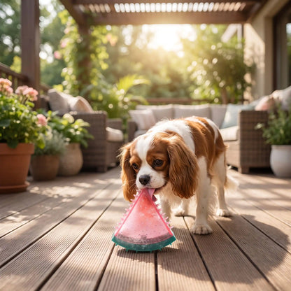 Jouet-rafraichissant-chien-chiot-glace-à-mordre et à remplir d'eau pour le mettre au congélateur, réutilisable, lavable en plastique robuste sans BPA, ni produits toxique, de qualité alimentaire, avec picots idéal pour masser les gencives et pour soulager les poussées dentaires du chiot avec l'effet froid anesthésiant qui masse les gencives, disponible en 3 formes de fruit part de pastèque, ananas et tranche de citron vert-un chien qui se rafaichit en mordant et léchant le jouet pastèque glacé en été