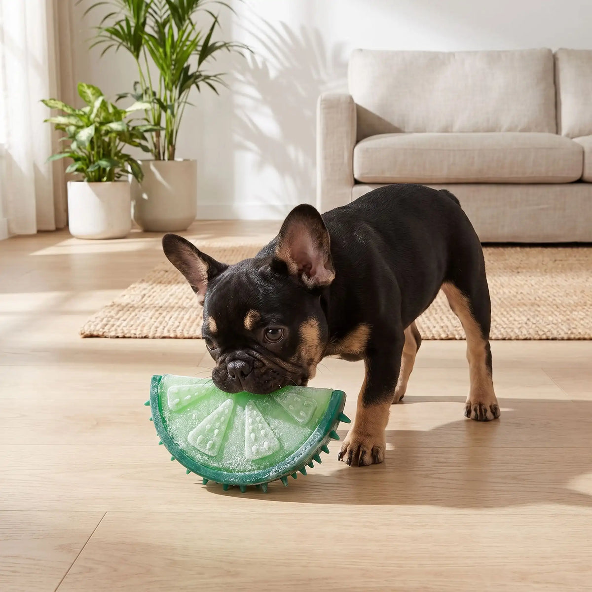 Jouet-rafraichissant-chien-chiot-glace-à-mordre et à remplir d'eau pour le mettre au congélateur, réutilisable, lavable en plastique robuste sans BPA, ni produits toxique, de qualité alimentaire, avec picots idéal pour masser les gencives et pour soulager les poussées dentaires du chiot avec l'effet froid anesthésiant qui masse les gencives, disponible en 3 formes de fruit part de pastèque, ananas et tranche de citron vert-un chiot qui se rafaichit en mordant et léchant le jouet citron glacé en été