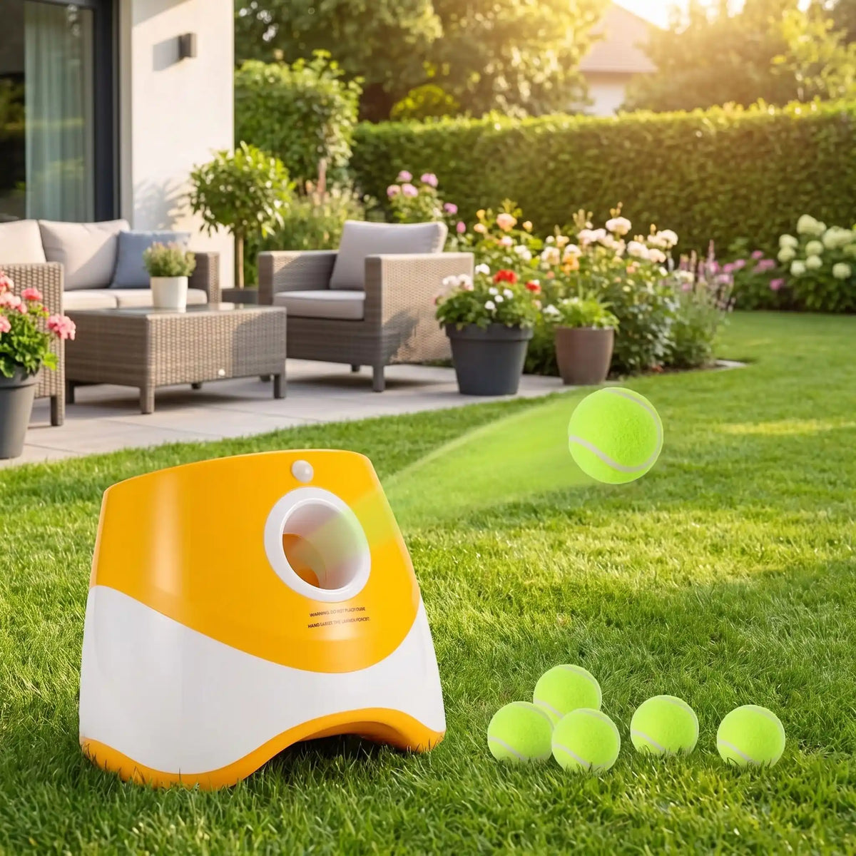 Lance-balle-automatique-pour-chien-3 longueurs réglables : 3/6/9 mètres avec 3 balles de tennis ⌀5 cm pour chien fournies, compatibles avec balles du même diamètre, de couleur blanc et orange, avec sa prise USB, détecteur de mouvement avec lancer automatique, jouet interactif transportable avec sa poignée compact et autonome pour chiot et chien de petite race- gros plan sur le lanceur de balle qui lance automatiquement une balle de tennis pour un jeu interactif pour chien, dans le jardin de la maison