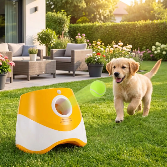Lance-balle-automatique-pour-chien-3 longueurs réglables : 3/6/9 mètres avec 3 balles de tennis ⌀5 cm pour chien fournies, compatibles avec balles du même diamètre, de couleur blanc et orange, avec sa prise USB, détecteur de mouvement avec lancer automatique, jouet interactif transportable avec sa poignée compact et autonome pour chiot et chien de petite race- un chiot qui court pour attraper la balle de tennis envoyée par le lanceur de balles à détecteur de mouvement dans le jardin de la maison