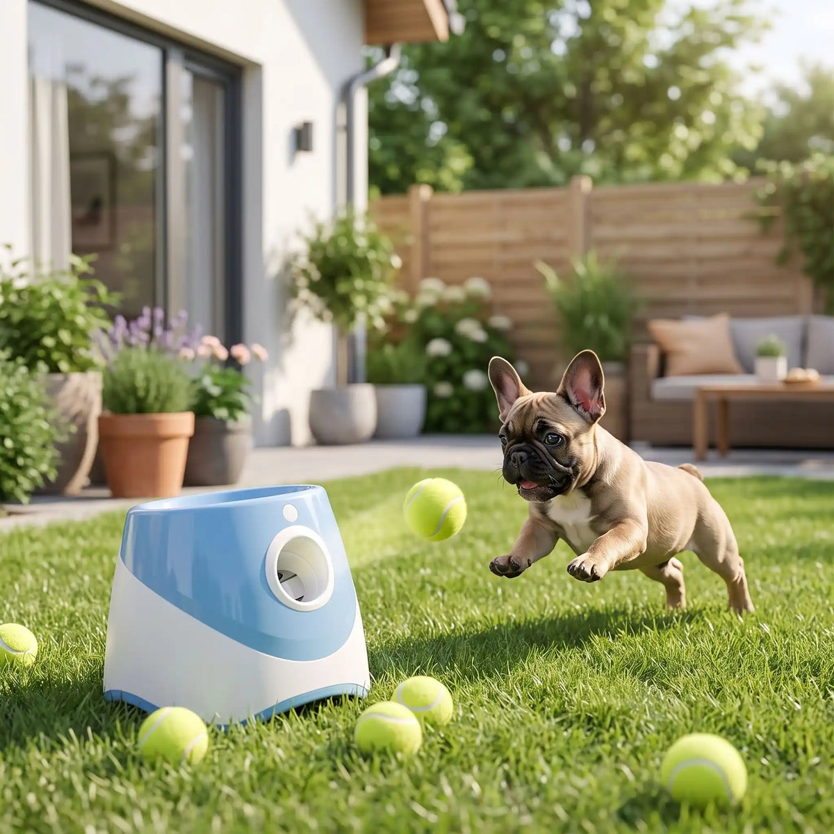 Lance-balle-automatique-pour-chien-3 longueurs réglables : 3/6/9 mètres avec 3 balles de tennis ⌀5 cm pour chien fournies, compatibles avec balles du même diamètre, de couleur blanc et bleu, rechargeable par prise USB, détecteur de mouvement avec lancer automatique, jouet interactif transportable avec sa poignée compact et autonome pour chiot et chien de petite race- un petit chien qui court en direction de la balle de tennis envoyée automatiquement par le lanceur de balle pour chien dans le jardin 