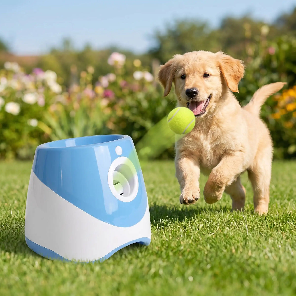 Lance-balle-automatique-pour-chien-3 longueurs réglables : 3/6/9 mètres avec 3 balles de tennis ⌀5 cm pour chien fournies, compatibles avec balles du même diamètre, de couleur blanc et bleu, rechargeable par prise USB, détecteur de mouvement avec lancer automatique, jouet interactif transportable avec sa poignée compact et autonome pour chiot et chien de petite race- un chiot qui court en direction de la balle de tennis envoyée automatiquement par le lanceur de balle pour chien dans le jardin de la maison
