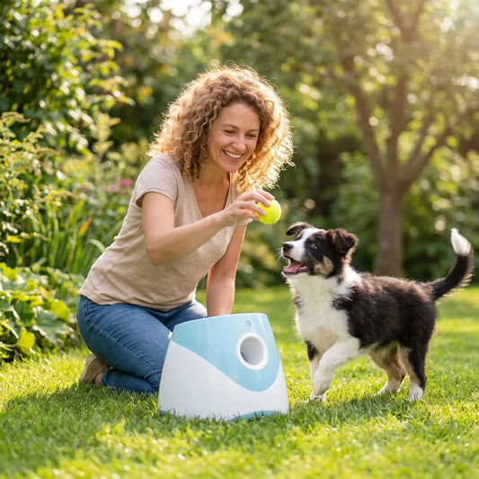 Lance-balle-automatique-pour-chien-3 longueurs réglables : 3/6/9 mètres avec 3 balles de tennis ⌀5 cm pour chien fournies, compatibles avec balles du même diamètre, de couleur blanc et bleu, rechargeable par prise USB, détecteur de mouvement avec lancer automatique, jouet interactif transportable avec sa poignée compact et autonome pour chiot et chien de petite race- un chiot apprend avec sa maitresse à mettre la balle de tennis dans le lanceur de balle qui se déclenche avec son capteur dans le jardin 
