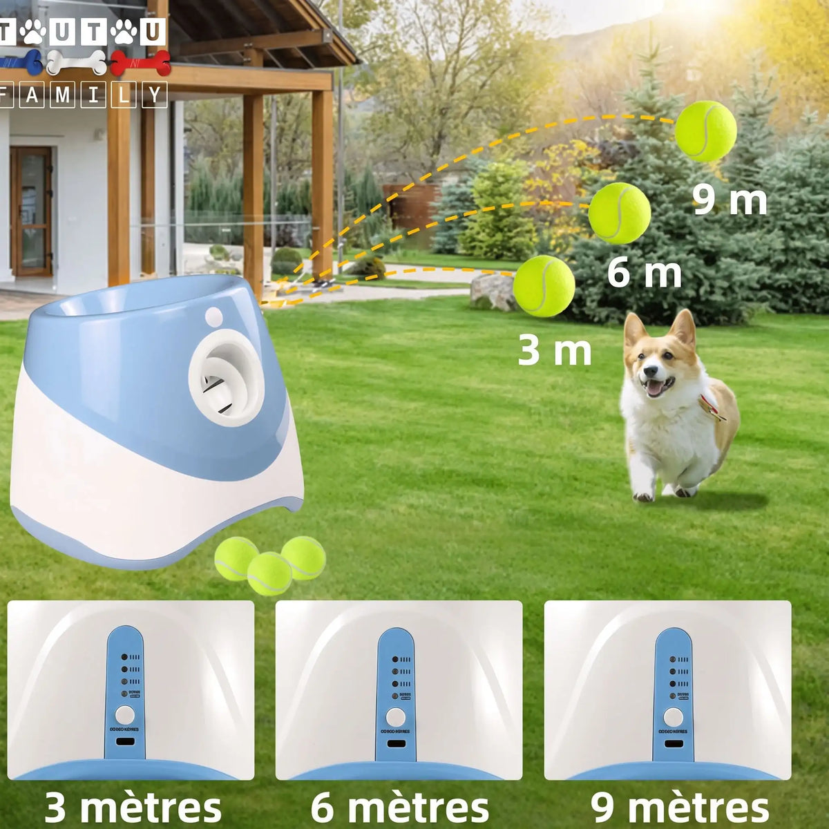 Lance-balle-automatique-pour-chien-3 longueurs réglables : 3/6/9 mètres avec 3 balles de tennis ⌀5 cm pour chien fournies, compatibles avec balles du même diamètre, de couleur blanc et bleu, rechargeable par prise USB, détecteur de mouvement avec lancer automatique, jouet interactif transportable avec sa poignée compact et autonome pour chiot et chien de petite race- gros plan sur le lanceur de balle automatique avec 3 balles de diamètre de 5 cm qui montrent les 3 longueurs de 3/6/9 mètres possibles