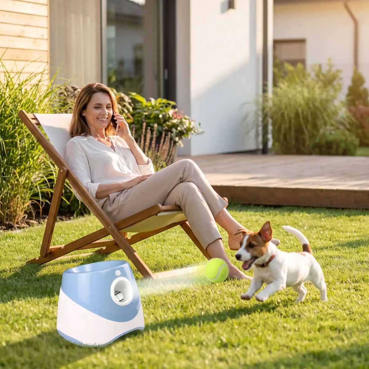 Lance-balle-automatique-pour-chien-3 longueurs réglables : 3/6/9 mètres avec 3 balles de tennis ⌀5 cm pour chien fournies, compatibles avec balles du même diamètre, de couleur blanc et bleu, rechargeable par prise USB, détecteur de mouvement avec lancer automatique, jouet interactif transportable avec sa poignée compact et autonome pour chiot et chien de petite race- un petit chien actif qui court pour attraper la balle envoyé par le lanceur automatique sous le regard amusée de sa maitresse assise 