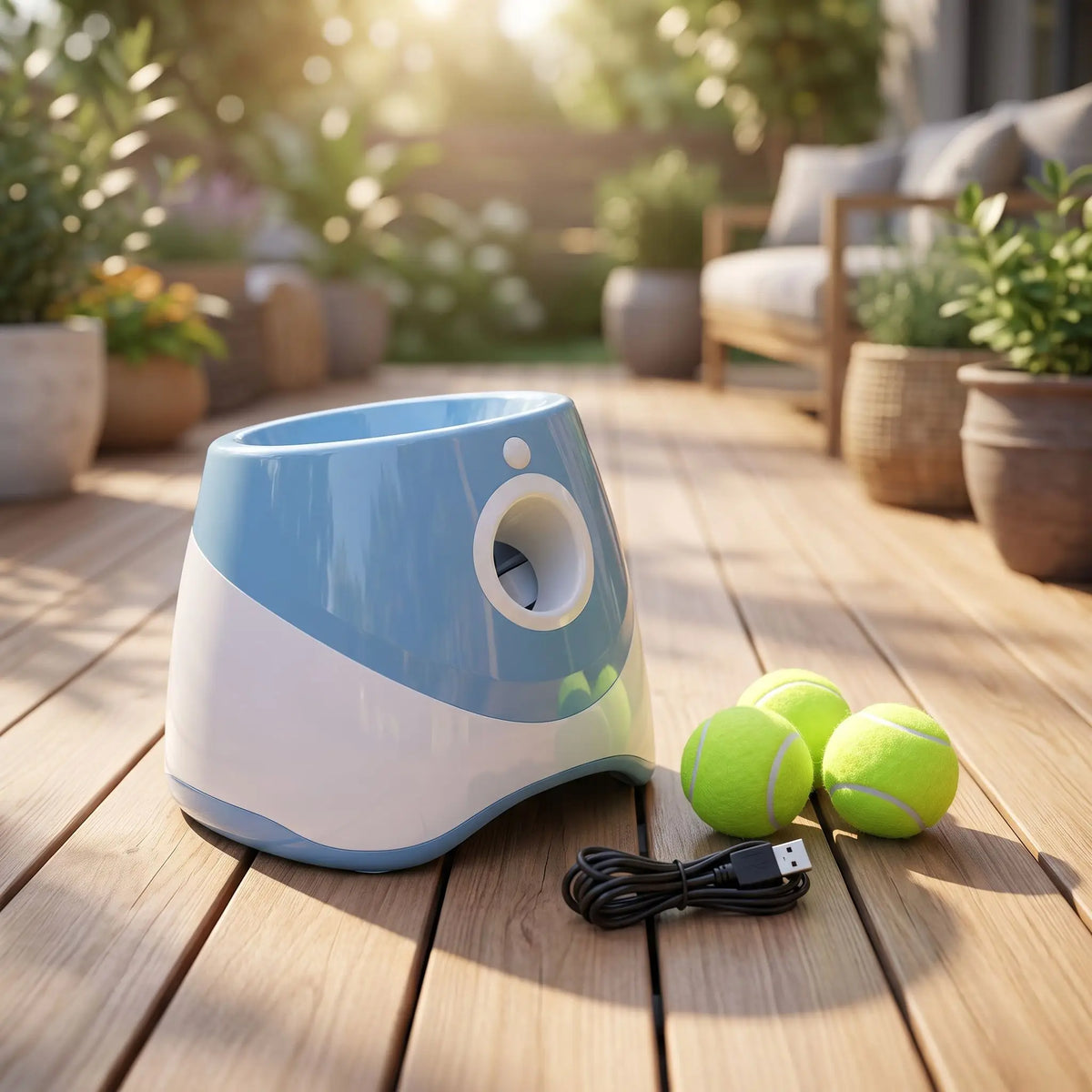 Lance-balle-automatique-pour-chien-3 longueurs réglables : 3/6/9 mètres avec 3 balles de tennis ⌀5 cm pour chien fournies, compatibles avec balles du même diamètre, de couleur blanc et bleu, rechargeable par prise USB, détecteur de mouvement avec lancer automatique, jouet interactif transportable avec sa poignée compact et autonome pour chiot et chien de petite race- gros plan sur le lanceur de balle automatique pour chien de couleur blanc et bleu avec son cable usb pour recharger la batterie et 3 balles