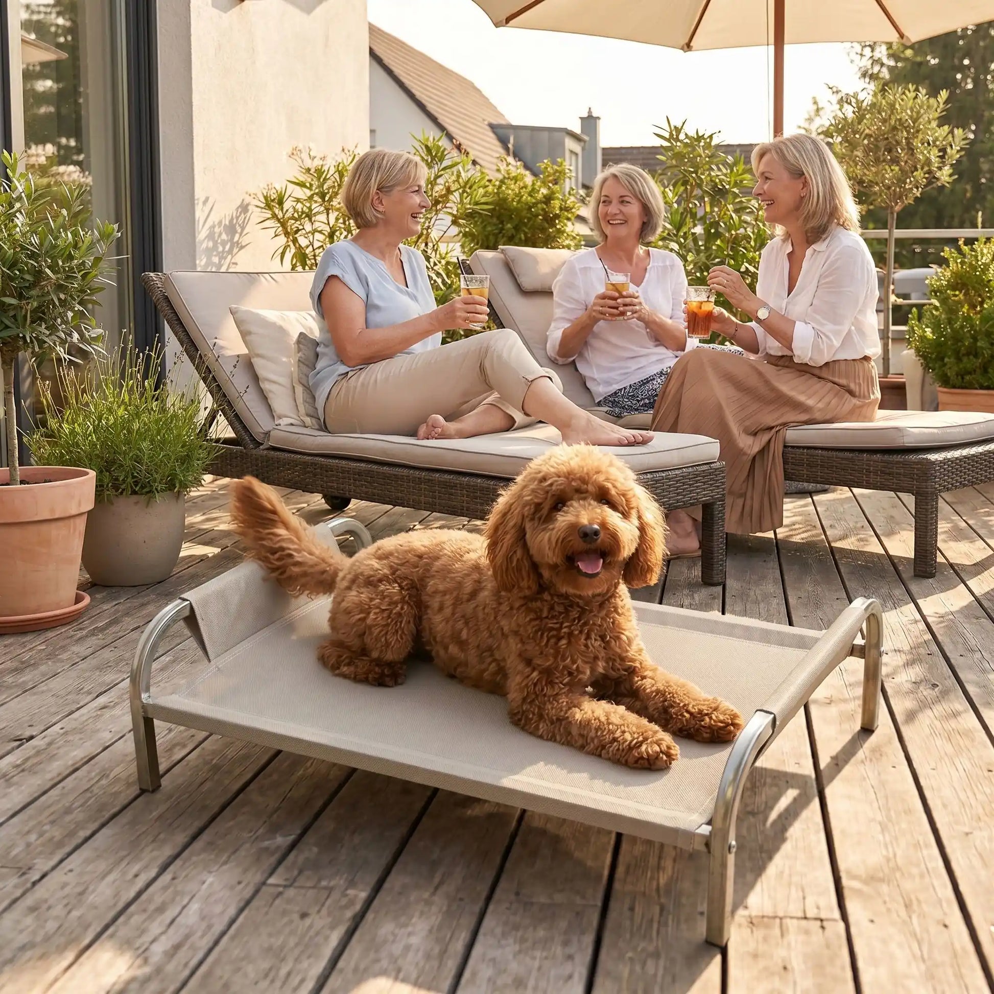 Lit-camp-chien-chiot-hamac-imperméable, tissu oxford et nylon, résistant aux griffes et morsures, confortable en maille aérée pour un lit surélevé sur pied et structure en acier inoxydable avec patin anti-rayure et antidérapant sur les 4 pieds, déhoussable et lavable pour chiot et chien de petite à moyenne taille-un chien moyen couché confortablement au frais sur le lit surélevé avec design arrondi moderne et anti blessure et housse style hamac à côté de ses maitres et leurs amis sur la terrasse en été