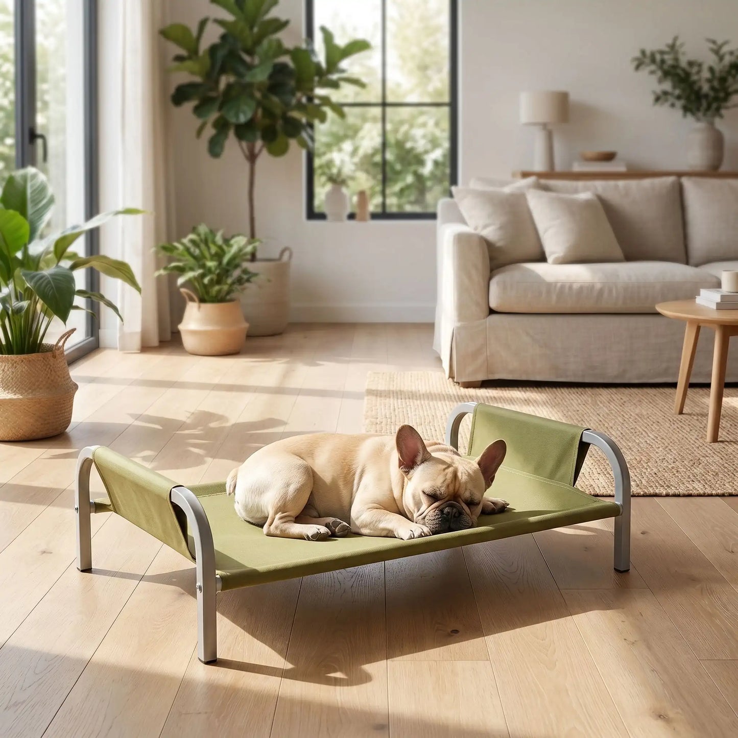 Lit-camp-chien-chiot-hamac-imperméable, tissu oxford et nylon, résistant aux griffes et morsures, confortable en maille aérée pour un lit surélevé sur pied et structure en acier inoxydable avec patin anti-rayure et antidérapant sur les 4 pieds, déhoussable et lavable pour chiot et chien de petite à moyenne taille-un chien de taille moyenne qui dort paisiblement sur le lit surélevé pour chien couleur kaki avec design arrondi moderne et anti blessure stable comme un hamac dans le salon en été