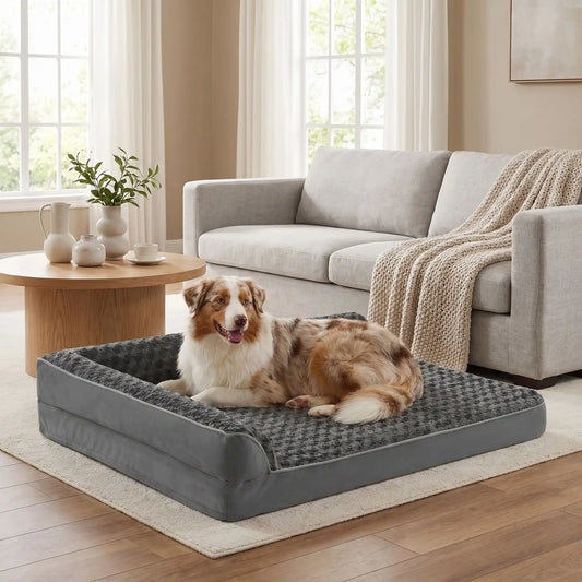 Lit-canapé chien-chiot-orthopédique-xxl avec traversin intégré,antidérapant-imperméable-déhoussable-lavable en machine-résistant aux griffes et morsures  pour  moyen à grand chien et chiot jusqu'à 50 kg max-en velours côtelé et 100% Coton PP et deux traversins cylindriques rembourré en forme de L de couleur gris pour un effet apaisant et sécurisant-un  chien de moyenne race couché confortablement sur le lit orthopédique avec matelas à mémoire de forme de couleur gris clair dans le salon de l'appartement