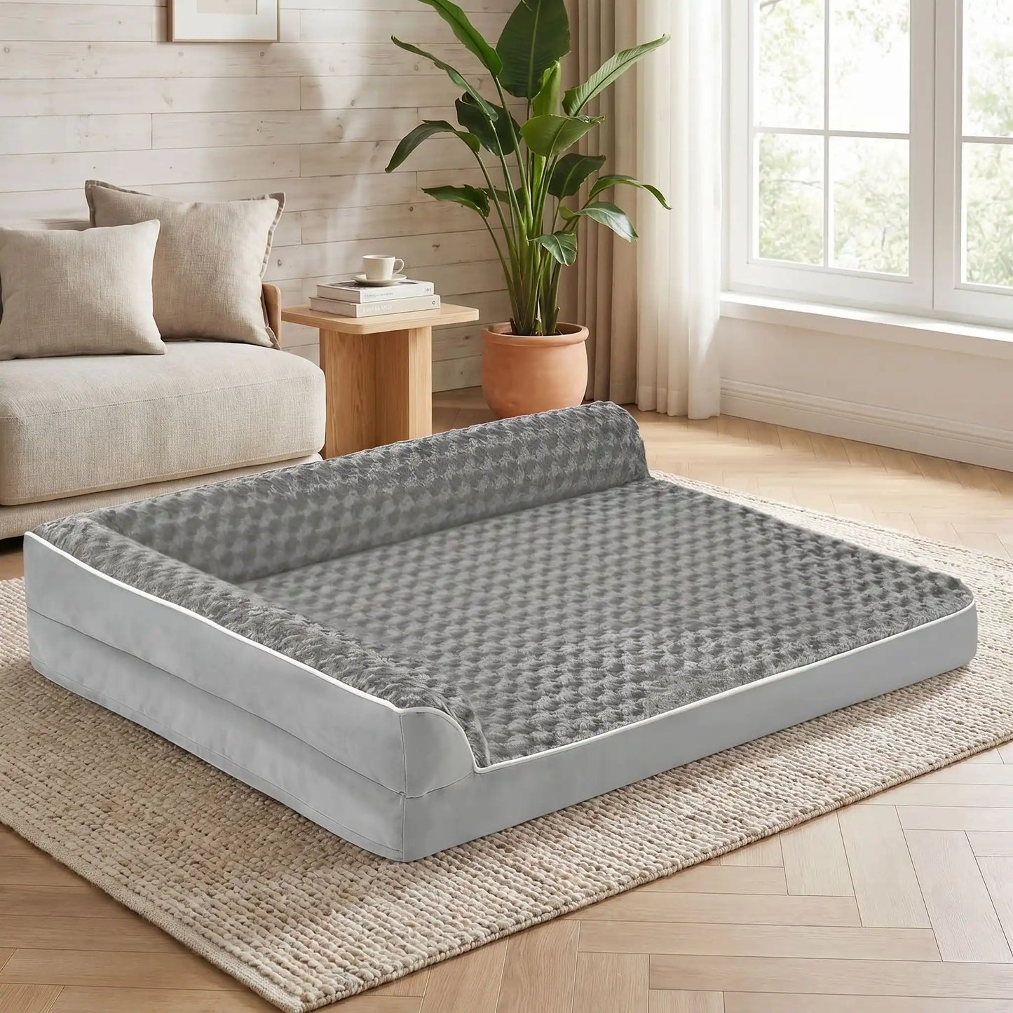 Lit-canapé chien-chiot-orthopédique-xxl avec traversin intégré,antidérapant-imperméable-déhoussable-lavable en machine-résistant aux griffes et morsures  pour  moyen à grand chien et chiot jusqu'à 50 kg max-en velours côtelé et 100% Coton PP et deux traversins cylindriques rembourré en forme de L de couleur gris pour un effet apaisant et sécurisant-gros plan sur le grand lit orthopédique pour chien avec housse en peluche douce et résistante de couleur gris clair en taille L, XL et XXL