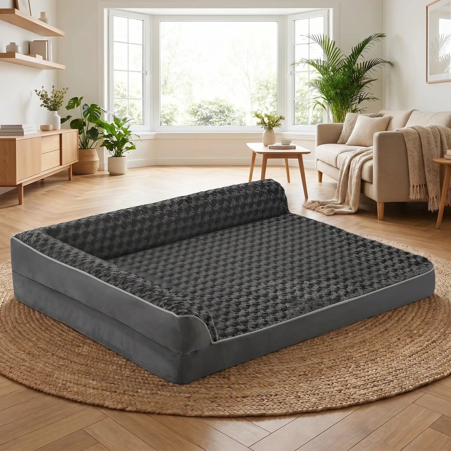 Lit-canapé chien-chiot-orthopédique-xxl avec traversin intégré,antidérapant-imperméable-déhoussable-lavable en machine-résistant aux griffes et morsures  pour  moyen à grand chien et chiot jusqu'à 50 kg max-en velours côtelé et 100% Coton PP et deux traversins cylindriques rembourré en forme de L de couleur gris pour un effet apaisant et sécurisant-gros plan sur le grand lit orthopédique pour chien avec housse en peluche douce et résistante de couleur gris foncé en taille L, XL et XXL