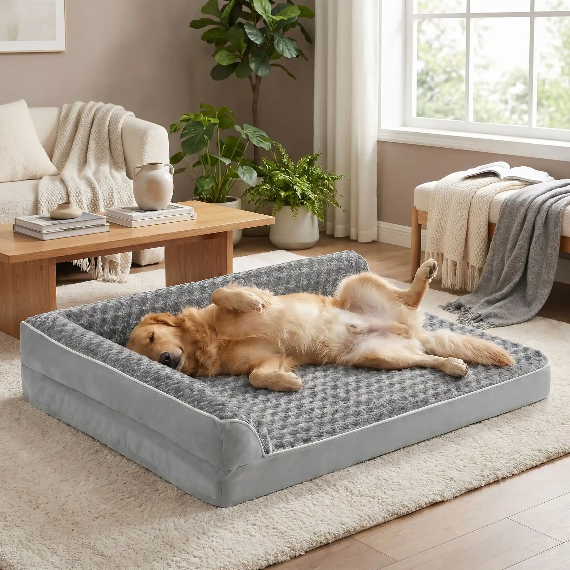 Lit-canapé chien-chiot-orthopédique-xxl avec traversin intégré,antidérapant-imperméable-déhoussable-lavable en machine-résistant aux griffes et morsures  pour  moyen à grand chien et chiot jusqu'à 50 kg max-en velours côtelé et 100% Coton PP et deux traversins cylindriques rembourré en forme de L de couleur gris pour un effet apaisant et sécurisant-un grand chien qui dort paisiblement les pattes en l'air sur le lit orthopédique avec matelas à mémoire de forme de couleur gris clair dans le salon de la maison