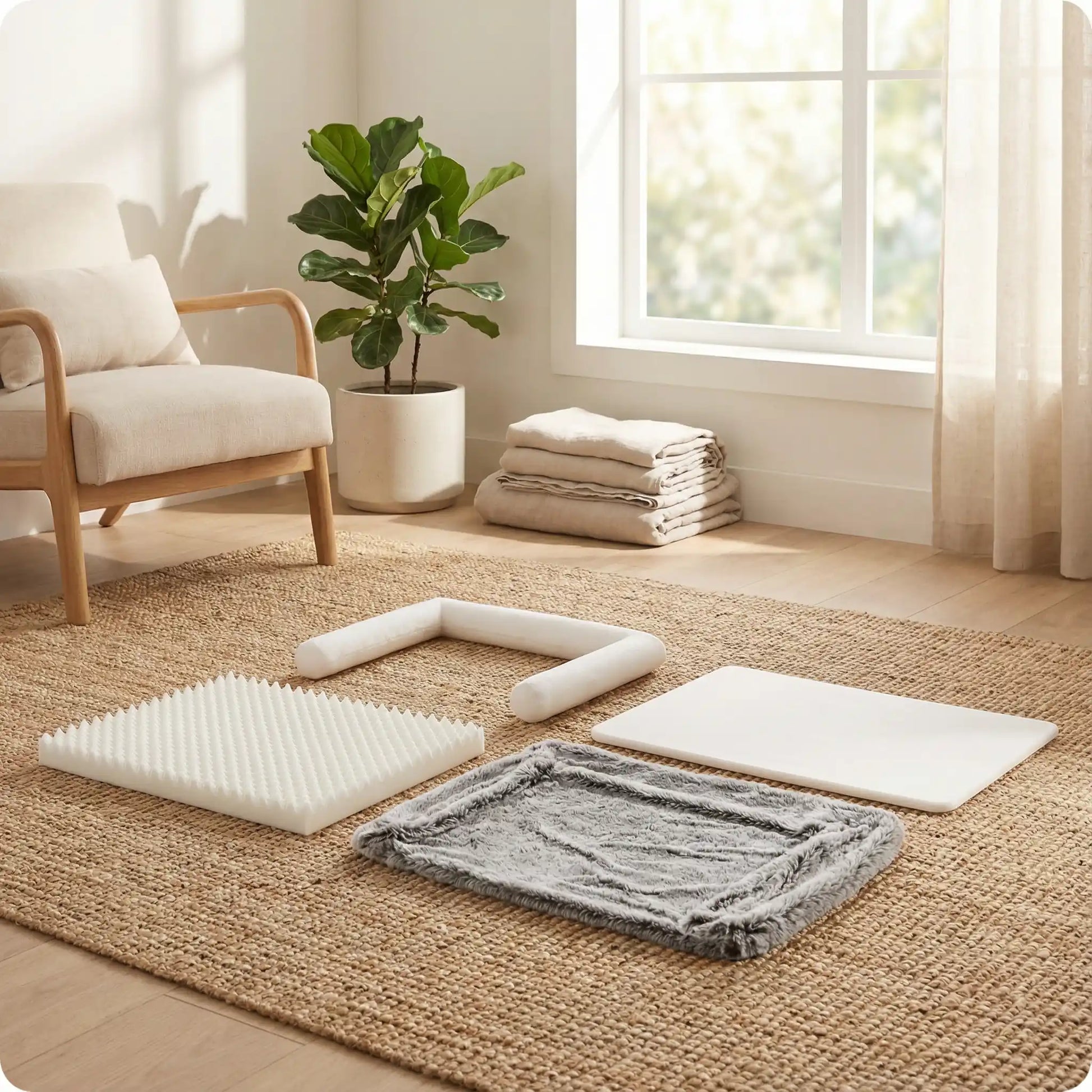 Lit-canapé-orthopédique-pour-chien-chiot-déhoussable-lavable-le lit en photo entièrement déhousser en 4 parties- le traversin cylindrique en forme de U-le matelas orthopétique en mousse alvéolées 25D- housse en peluche 300mg/m3-un fin matelas 100% coton haute densité eet fond imperméable et antidérapant