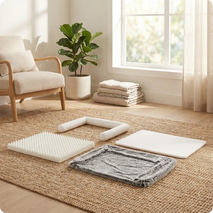 Lit-canapé-orthopédique-pour-chien-chiot-déhoussable-lavable-le lit en photo entièrement déhousser en 4 parties- le traversin cylindrique en forme de U-le matelas orthopétique en mousse alvéolées 25D- housse en peluche 300mg/m3-un fin matelas 100% coton haute densité eet fond imperméable et antidérapant