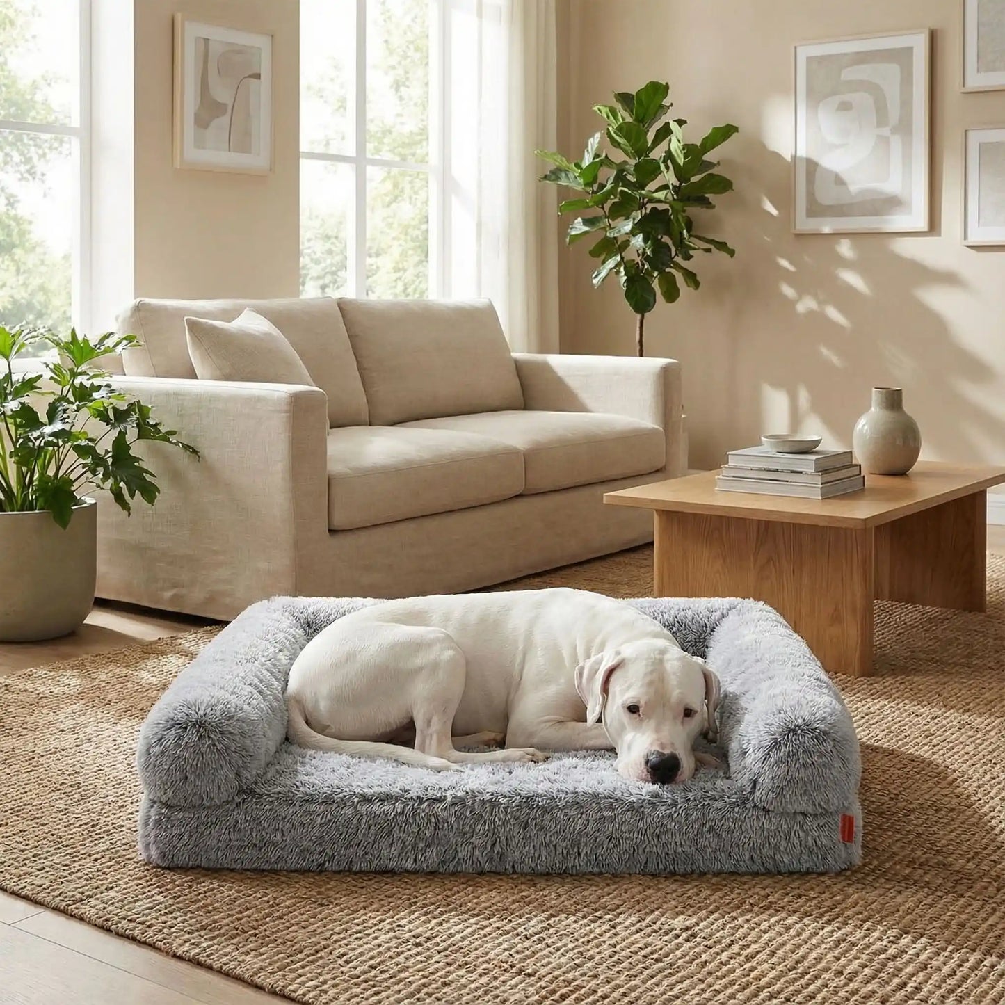 Lit-canapé-orthopédique-pour-chien-chiot-déhoussable-xxl en peluche douce et matelas à mémoire de forme, 100% coton haute densité, résistant aux griffes avec traversin en U pour un effet anti stress entourant et accoudoir ergonomique pour un soutien cervical optimal-spacieux pour chien de grande tailles jusqu'à 45 kg-déhoussable et lavable en machine-fond antidérapant et imperméable-un Dogue Argentin qui se repose confortablement sur son lit  orthopédique avec rebords surélevés dans le salon de la maison 