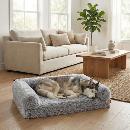 Lit-canapé-orthopédique-pour-chien-chiot-déhoussable-xxl en peluche douce et matelas à mémoire de forme, 100% coton haute densité, résistant aux griffes avec traversin en U pour un effet anti stress entourant et accoudoir ergonomique pour un soutien cervical optimal-spacieux pour chien de grande tailles jusqu'à 45 kg-déhoussable et lavable en machine-fond antidérapant et imperméable-un Husky Sibérien qui qui dort paisiblement sur son lit  orthopédique avec rebords surélevés dans le salon de l'appartement
