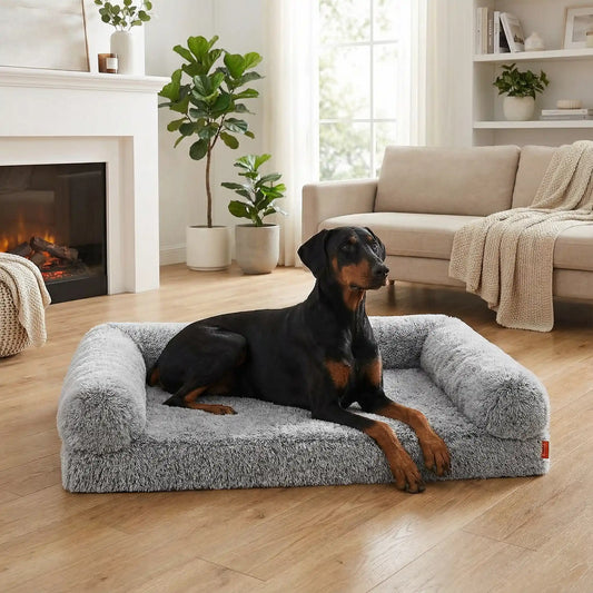 Lit-canapé-orthopédique-pour-chien-chiot-déhoussable-xxl en peluche douce et matelas à mémoire de forme, 100% coton haute densité, résistant aux griffes avec traversin en U pour un effet anti stress entourant et accoudoir ergonomique pour un soutien cervical optimal-spacieux pour chien de grande tailles jusqu'à 45 kg-déhoussable et lavable en machine-fond antidérapant et imperméable-un Doberman couché  confortablement sur son lit  orthopédique avec rebords surélevés dans le salon de la maison