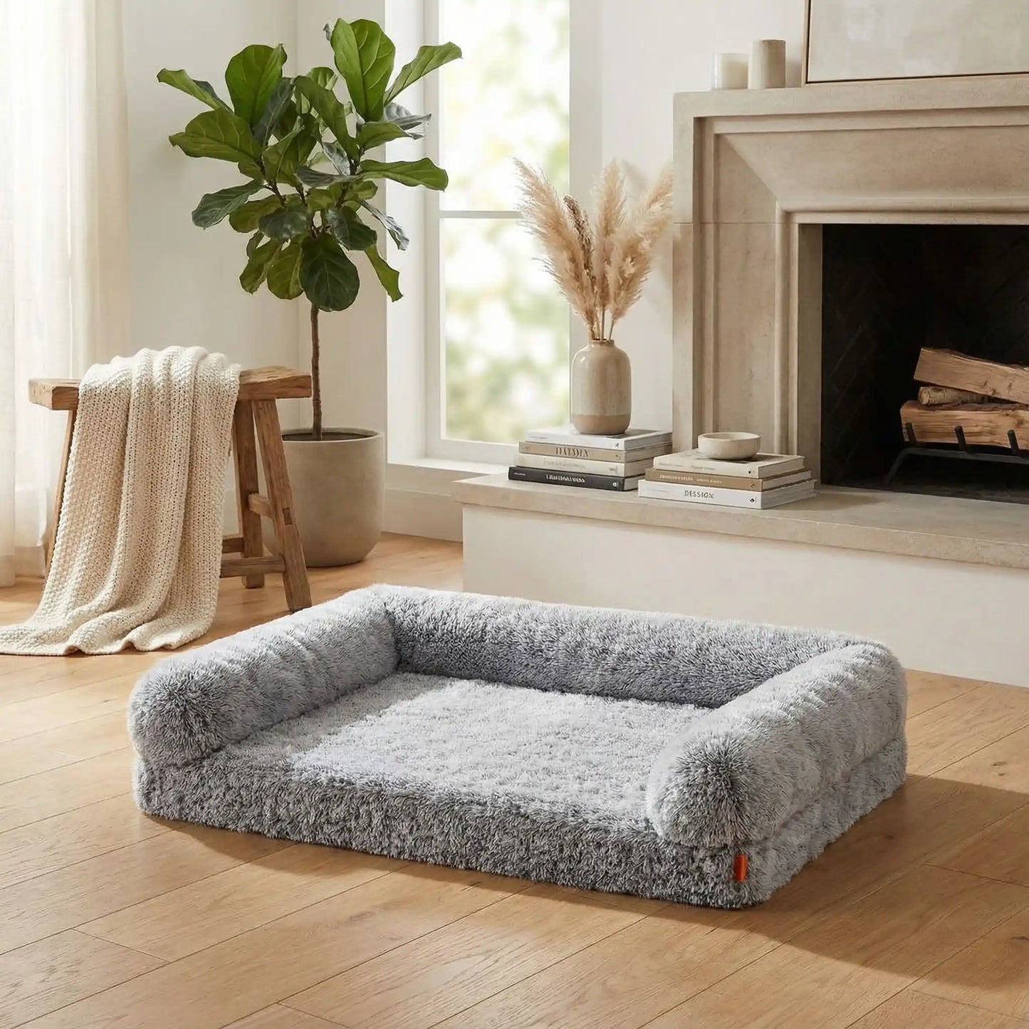 Lit-canapé-orthopédique-pour-chien-chiot-déhoussable-xxl en peluche douce et matelas à mémoire de forme, 100% coton haute densité, résistant aux griffes avec traversin en U pour un effet anti stress entourant et accoudoir ergonomique pour un soutien cervical optimal-spacieux pour chien de grande tailles jusqu'à 45 kg-déhoussable et lavable en machine-fond antidérapant et imperméable-de couleur gris et de dimensions de 122x85x18 cm pour chien de moyenne et grande taille jsuqu'à 45 kilos max