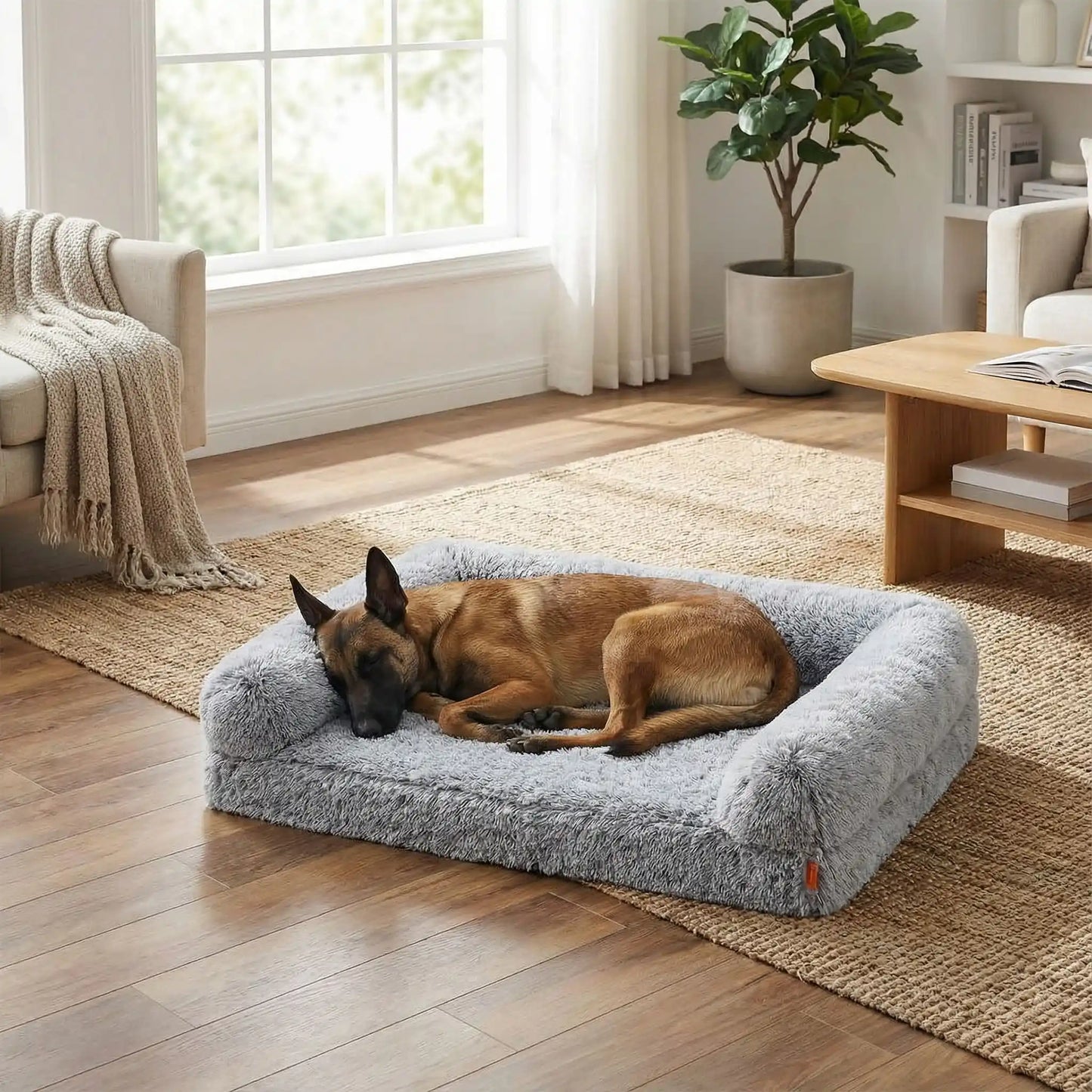 Lit-canape-orthopédique-pour-chien-chiot-déhoussable-xxl en peluche douce et matelas à mémoire de forme, 100% coton haute densité, résistant aux griffes avec traversin en U pour un effet anti stress entourant et accoudoir ergonomique pour un soutien cervical optimal-spacieux pour chien de grande tailles jusqu'à 45 kg-déhoussable et lavable en machine-fond antidérapant et imperméable-un grand chien qui dort niché sur son lit  orthopédique avec sa tête nichée contre le rebord surélevé dans le salon 