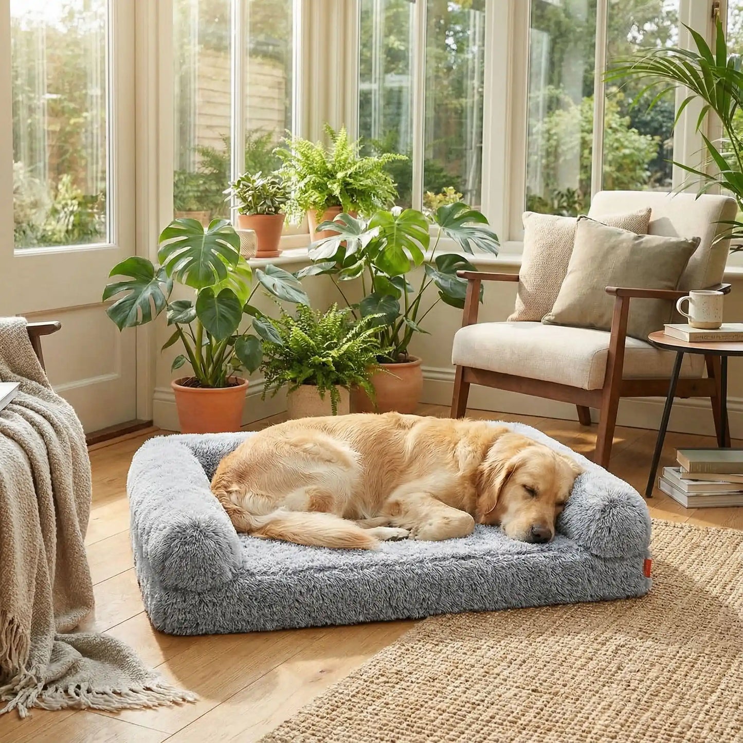 Lit-canape-orthopédique-pour-chien-chiot-déhoussable-xxl en peluche douce et matelas à mémoire de forme, 100% coton haute densité, résistant aux griffes avec traversin en U pour un effet anti stress entourant et accoudoir ergonomique pour un soutien cervical optimal-spacieux pour chien de grande tailles jusqu'à 45 kg-déhoussable et lavable en machine-fond antidérapant et imperméable-un golden retriever qui dort paisiblement sur son lit  orthopédique avec rebords surélevés dans la véranda de la maison 