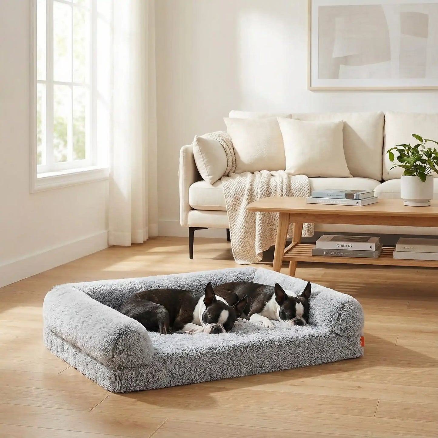 Lit-canape-orthopédique-pour-chien-chiot-déhoussable-xxl en peluche douce et matelas à mémoire de forme, 100% coton haute densité, résistant aux griffes avec traversin en U pour un effet anti stress entourant et accoudoir ergonomique pour un soutien cervical optimal-spacieux pour chien de grande tailles jusqu'à 45 kg-déhoussable et lavable en machine-fond antidérapant et imperméable-deux chien moyen qui dorment ensemble sur le lit  orthopédique xxl avec rebords surélevés dans le salon de la maison 