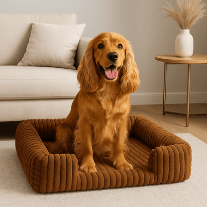 Lit-canapé-orthopédique-pour-chien-antidérapant-matelas à mémoire de forme-rebord surélevé en coton haute densité-déhoussable et lavable en machine-antidérapant-pour petit, moyen et grand chien-un Épagneul breton assis dans son lit en velours marron moelleux et ergonomique avec traversin et accoudoir intégré dans le salon de la maison
