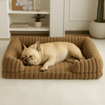 Lit-canapé-orthopédique-pour-chien-antidérapant-matelas à mémoire de forme-rebord surélevé en coton haute densité-déhoussable et lavable en machine-antidérapant-pour petit, moyen et grand chien-un chien moyen qui dort couché dans son lit en velours marron moelleux et ergonomique avec traversin et accoudoir intégré dans le salon de la maison