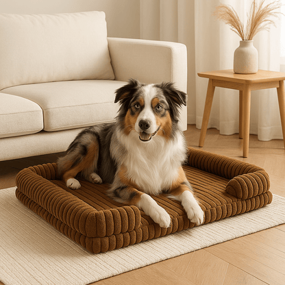 Lit-canapé-orthopédique-pour-chien-antidérapant-matelas à mémoire de forme-rebord surélevé en coton haute densité-déhoussable et lavable en machine-antidérapant-pour petit, moyen et grand chien-un chien de moyenne taille couché et heureux dans son lit en velours gris moelleux et ergonomique avec traversin et accoudoir intégré dans le salon de l'appartement