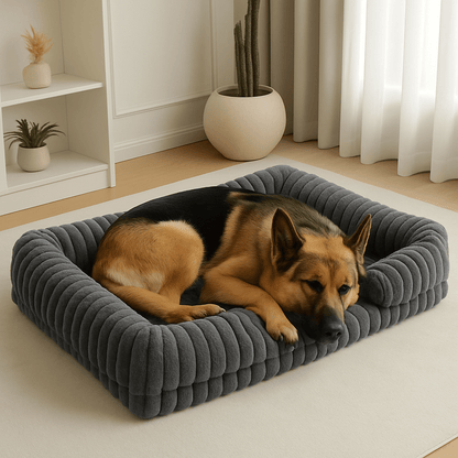 Lit-canapé-orthopédique-pour-chien-antidérapant-matelas à mémoire de forme-rebord surélevé en coton haute densité-déhoussable et lavable en machine-antidérapant-pour petit, moyen et grand chien-un grand chien qui dort couché en boule dans son lit en velours gris moelleux et ergonomique avec traversin et accoudoir intégré dans le salon de la maison
