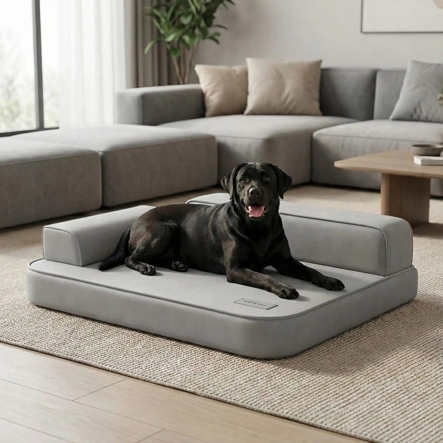 Lit-canapé-pour-chien-chiot-imperméable-orthopédique-dehoussable-lavable en machine, antidérapant,accoudoirs haut en forme de L de couleur gris, technologie anti déchirure, coutures résistantes et solides garantissant sa longue longévité-rembourrage 100% coton haute densité et matelas en mousse éponge haute résilience  à mémoire de forme-un Labrador noir heureux et couché sur son lit design xxl dans le salon de la maison