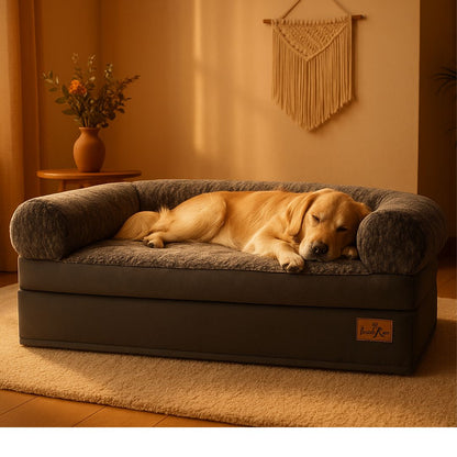 Lit-canapé-pour-chien-xxl-imperméable déhoussable et lavable en machine, matelas à mémoire de forme 100% coton éponge haute densité et haute résilience pour un soutien orthopédique pour chiens de grande race, housse douce en velours, effet peluche et accoudoir en U au rembourrage 100% coton haute densité-un chien de grande taille qui dort sur le lit en version plié et canapé orthopédique à mémoire de forme avec dossier et accoudoirs cylindrique entourant dans le salon de l'appartement