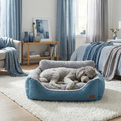 Lit-canape-pour-chien-chiot-déhoussable, lavable en machine, antidérapant et imperméable avec rembourrage 100% coton haute densité, anti-affaissement et ergonomique qui protège les articulations, la colonne vertébrale et favorise la récupération musculaire, idéal pour les chiots en croissance, les chiens agés et fragiles aux articulations-hypoallergénique pour chiien de petite à très grande grande taille-un caniche moyenqui dort paisiblement dans son canapé lit solide dans la chambre de l'appartement