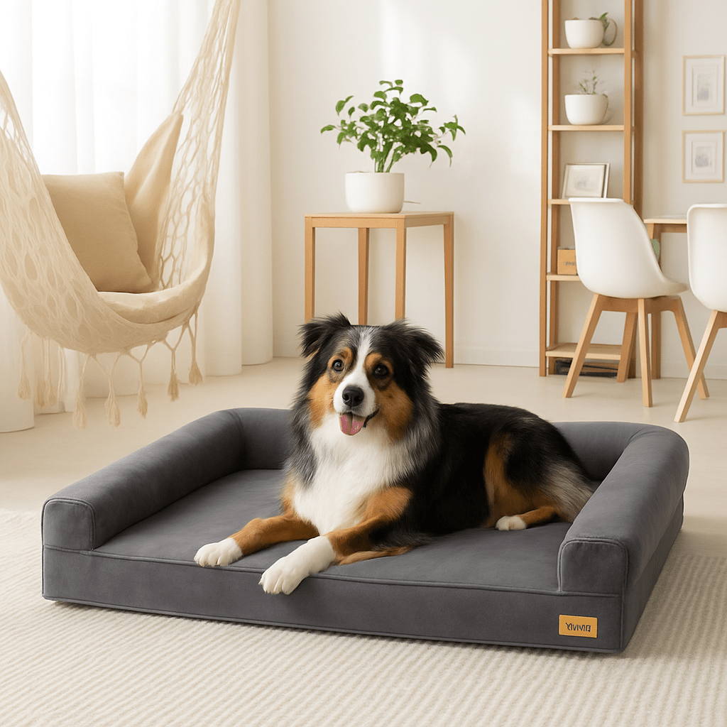Lit-canapé-pour-chien-déhoussable-antidérapant avec matelas à mémoire de forme imperméable et lavable en machine pour chien moyen à grand-un berger couché sur le lit orthopédique avec rebord 100% coton sécurisant dans sa maison