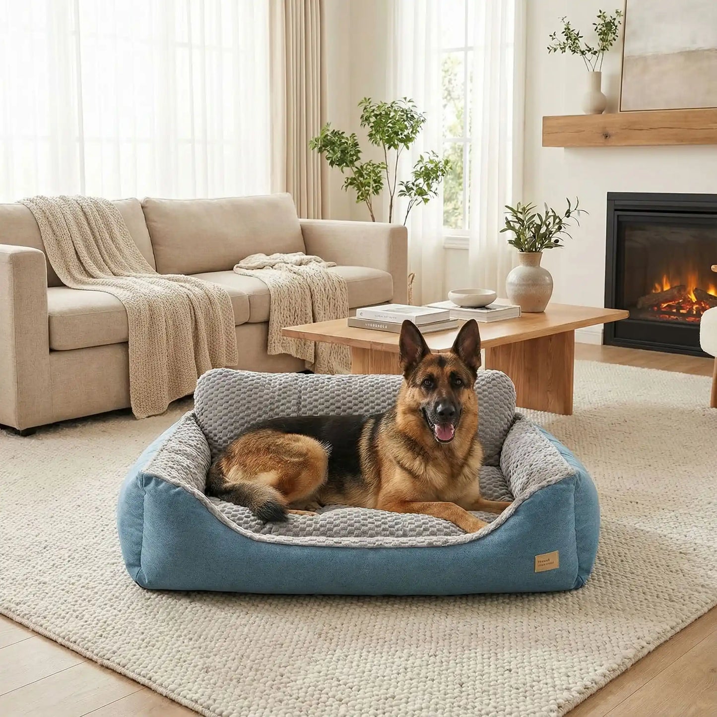 Lit-canape-pour-chien-chiot-déhoussable, lavable en machine, antidérapant et imperméable avec rembourrage 100% coton haute densité, anti-affaissement et ergonomique qui protège les articulations, la colonne vertébrale et favorise la récupération musculaire, idéal pour les chiots en croissance, les chiens agés et fragiles aux articulations-hypoallergénique pour chiien de petite à très grande grande taille-un grand chien couché confortablement dans son canapé lit xxl solide dans le salon de la maison