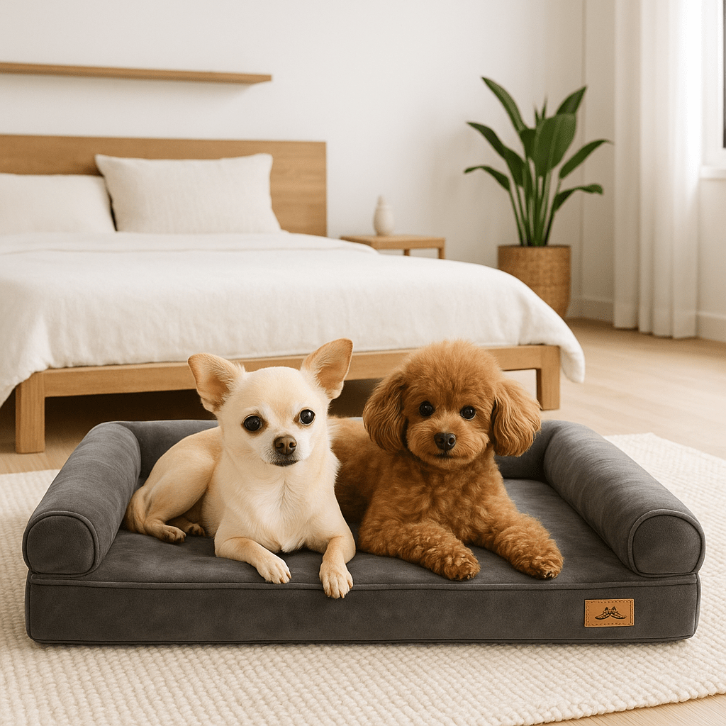 Lit-canapé-pour-chien-déhoussable-imperméable-deux chiens couché sur le matelas orthopédique avec rebords surélevés antidérapant lavable en machine de couleur gris dans la chambre de leur maitre
